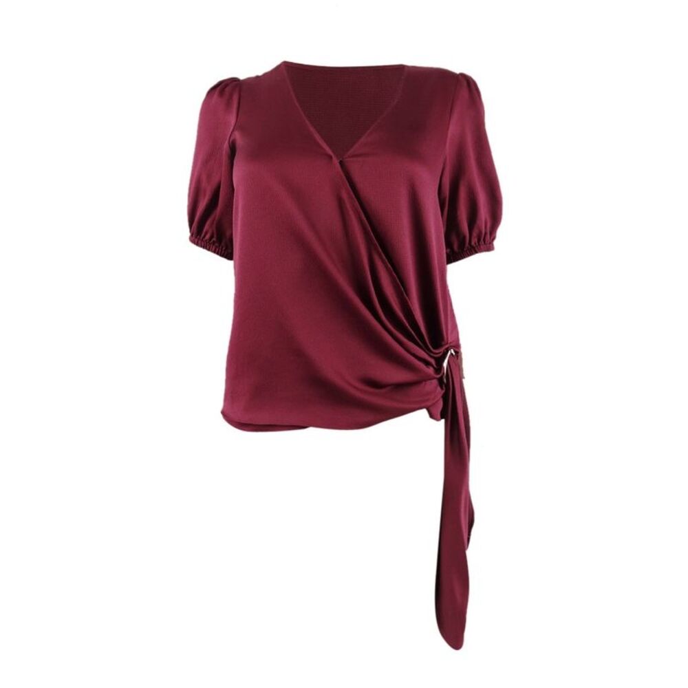 MICHAEL Michael Kors Women's Puff-Sleeve Wrap Top (XS, Dark Ruby)